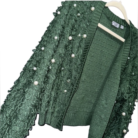 MIGHTY FINE PEARL EMBELLISHED CARDIGAN SWEATER XL HUNTER GREEN - Picture 2 of 3